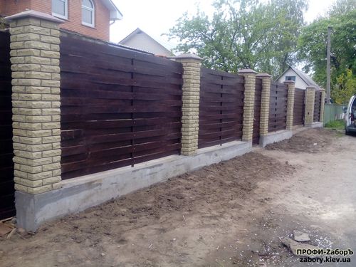Паркан з профнастилу з цегляними стовпами в Києві